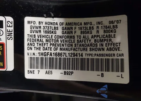 2007 Honda Civic Ex from USA, damaged, VIN 1HGFA16867L129414